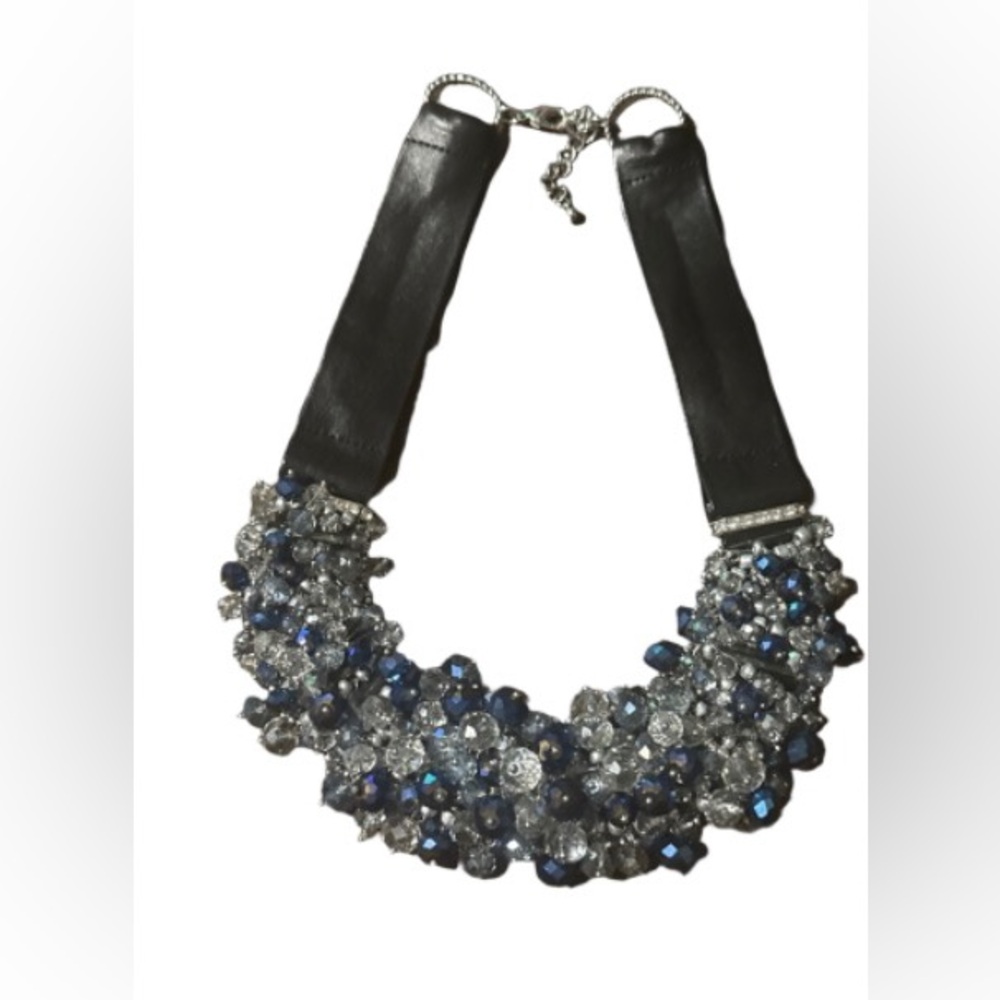 Statement Blue clear and  Silver Crystal Cluster Necklace w/leather like chain